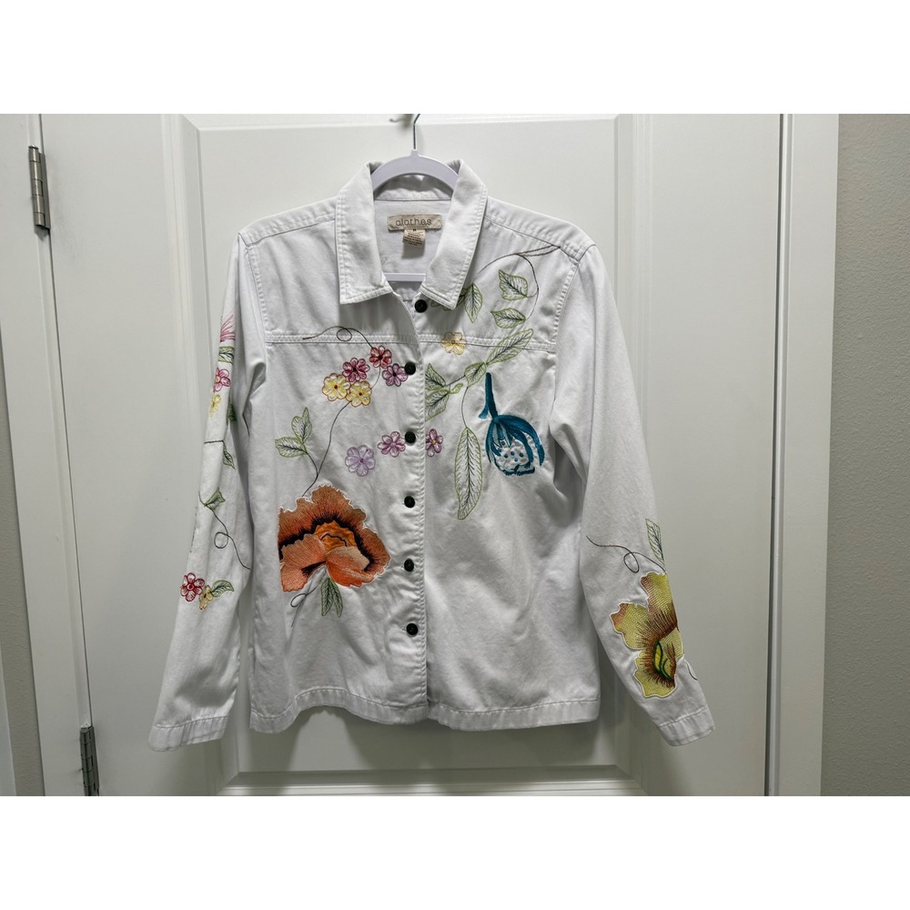 CLOTHES Womens White Denim Jacket Floral‎ Embroidered Button Up Cotton Size M